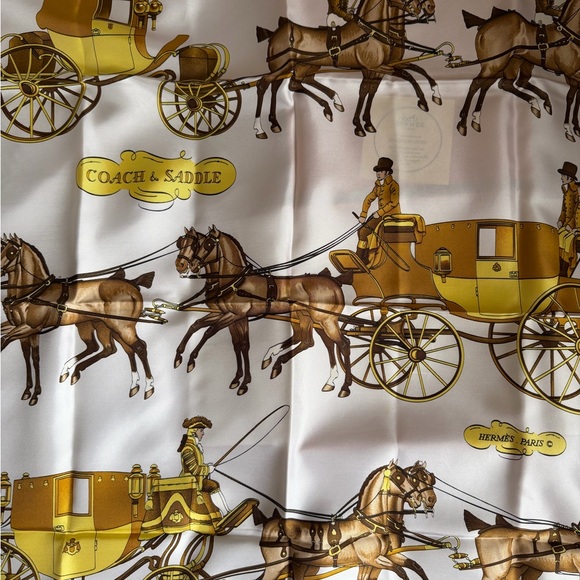 Hermès Coach & Saddle silk scarf in a signature orange box. - Picture 10 of 12